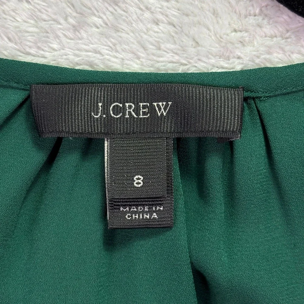 J. Crew Women Blouse Size 8 Green‎ Tassel Whipstitch Split Neck Long Sleeve